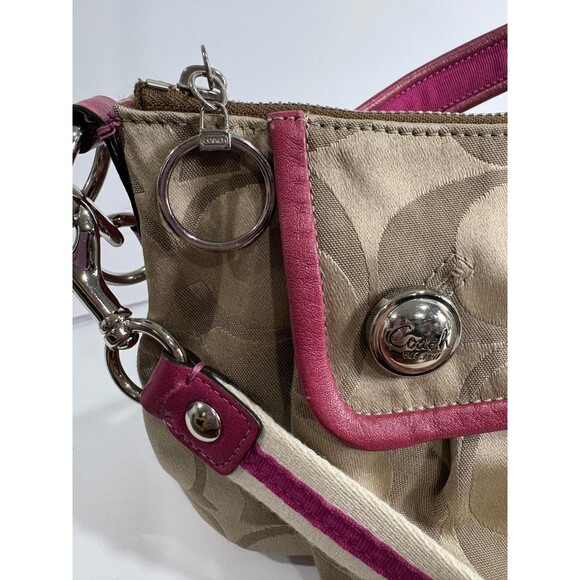 Coach Signature C Satchel Beige / Leather Hot Pink Trim Arm Handbag Crossbody - Picture 6 of 10